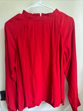 LOFT Red Long-Sleeve Ruffled Neck Top Size Small